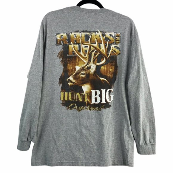 Racks And Reels T-Shirt Adult Large Gray Hunting Deer Buck Men Long Sleeve Hunt - Picture 7 of 7